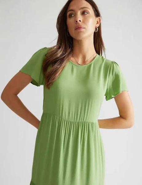 Katies - Womens - Dress - Winter - Maxi / Long - Green Linen - Knee Length - Crew Neck - Short Sleeve - Relaxed Fit - A Line - Office Work Clothes 10