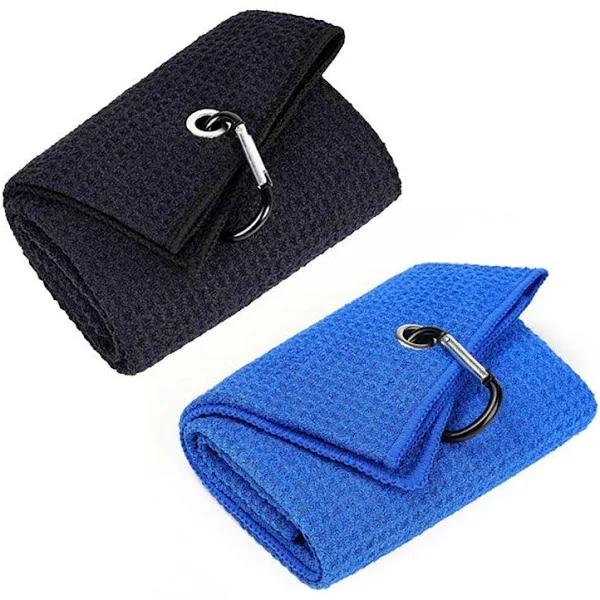 Golf Towel Waffle Pattern Cotton with Carabiner Cleaning Towels Sports Black AU - Blue