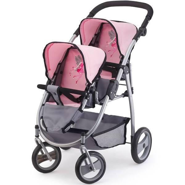 Bayer 73cm Twin Tandem Doll Pram Pink & Grey