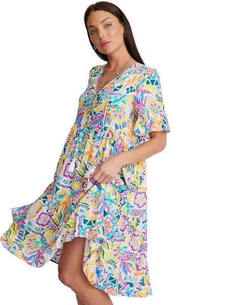 Rockmans Womens Dress - Regular Yellow Mini - Short - Summer - Relaxed Fit - Floral - Bell Sleeve - Knee Length AU 10