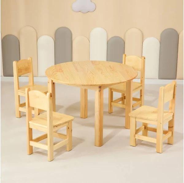 80cm Round Wooden Kids Table and 4 Wooden Chairs Set Pinewood Childrens Desk