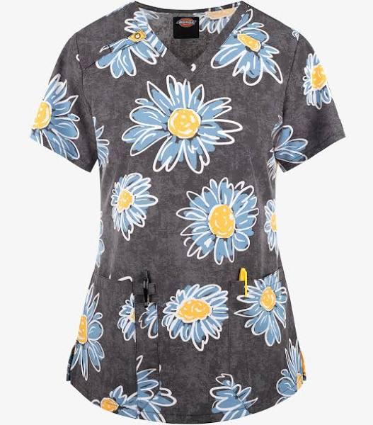 Dickies Sunflower Doodle Women's 2-Pocket Stretch V-Neck Print Scrub Top | Size 5x Polyester/recyc Polyester/spandex