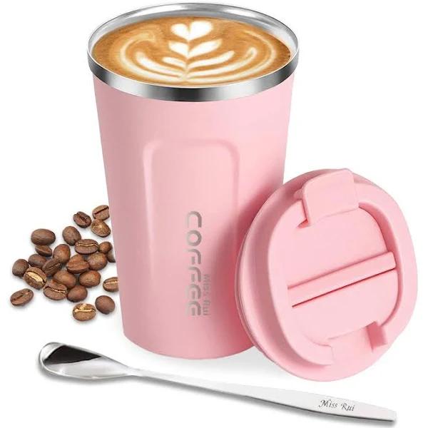 Miss Rui Coffee Cup Travel, Reusable Coffee Mug Stainless Steel Insulated Tumbler with Leakproof Lid For Hot, Iced Drinks 380ml Pink