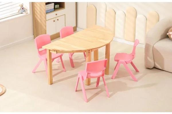 120x60cm Semi Circle Timber Pinewood Wooden Kids Table Activity Study Desk & 4 Pink Chairs Set