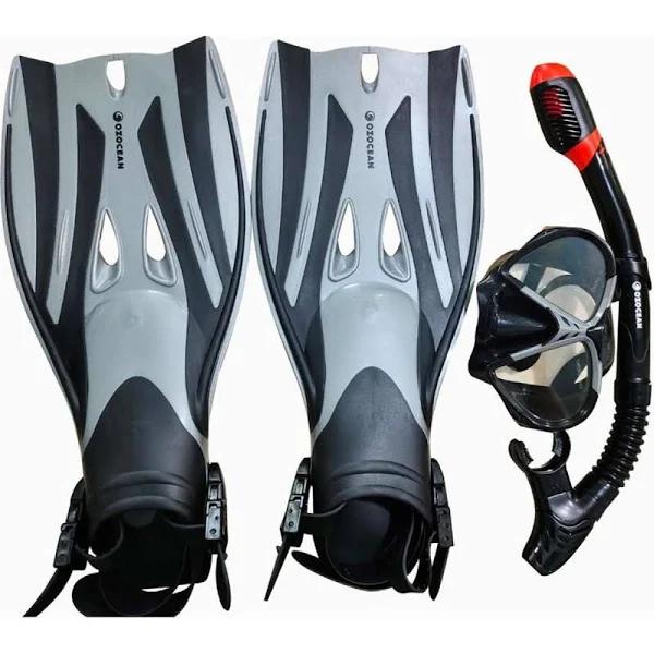 oz Ocean Rotto Adults S-M Swimming Mask & Snorkel Set - Grey/Black 4pc