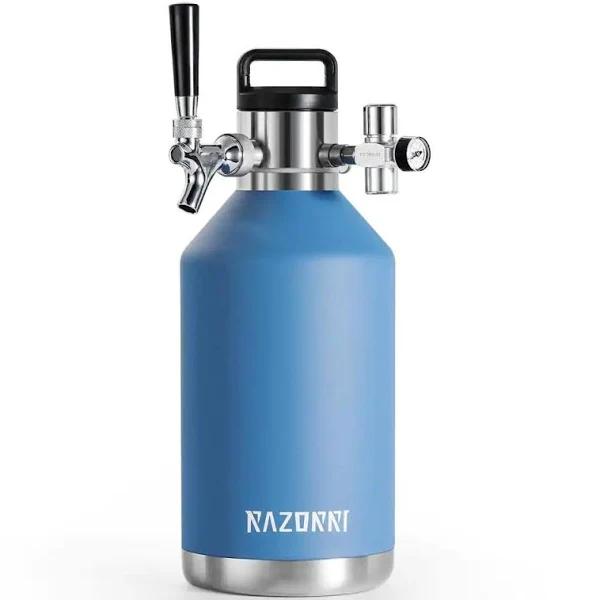 Razorri 128oz Stainless Steel Beer Growler, Double-Wall Vacuum Insulated Carbonated Keg With Professional Bar Tap and Pressurized Co2 Regulator, 1