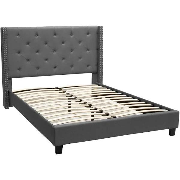 Foret Bed Frame Double Base Bedroom Furniture Wooden Fabric Tufted Studs Grey