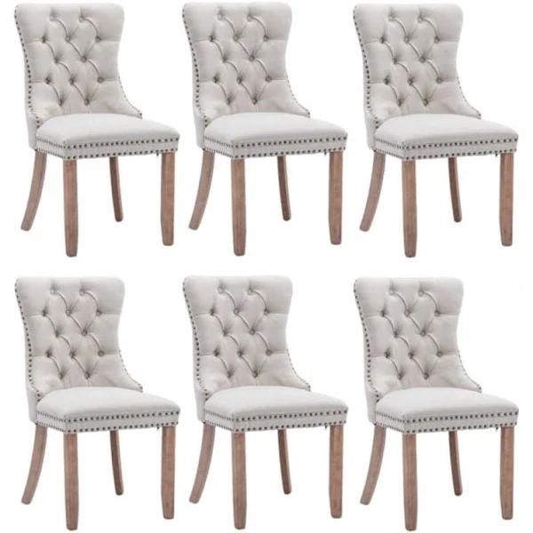 6x AADEN Modern Elegant Button Tufted Upholstered Linen Fabric With Studs Trim And Wooden Legs Dining Side Chair Beige