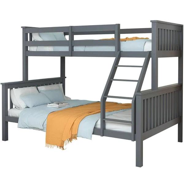 Kingston 2in1 Single On Double Bunk Bed Kids Solid Wood Timber Loft Furniture Slats Grey