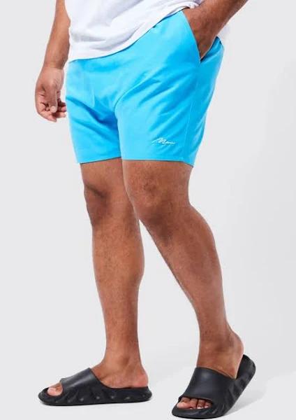 Mens Light Blue Plus Man Signature Mid Length Swim Shorts