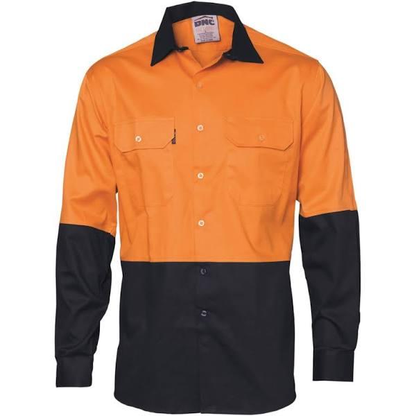 DNC HiVis Two Tone Cotton Drill Shirt - Long Sleeve - Orange/Navy - XS