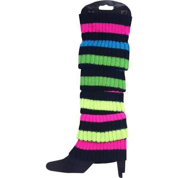 Pair of Womens Leg Warmers Disco Winter Knit Dance Party Crochet Legging Socks Costume - Rainbow with Black Stripe