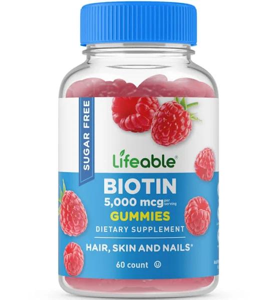 Lifeable, Biotin Gummies, Sugar Free, Natural Raspberry, 5,000 mcg, 60 Gummies (2,500 mcg Per Gummy)