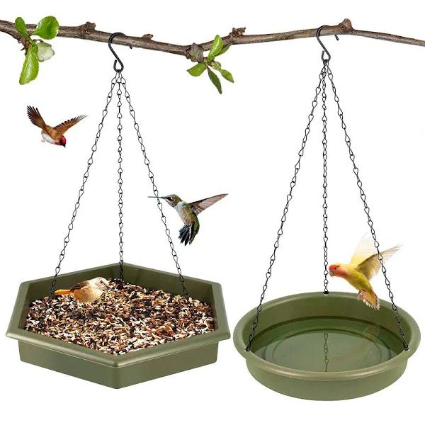 2 in 1 XL Hanging Bird Feeder& Bird Baths For Outdoors,bird Feeder Hanging Bird Feeder Tray (Green)