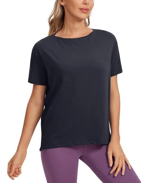 CRZ Yoga Women's Yoga Loose Fit Pima Cotton Short Sleeves Boat Neck Navy / M