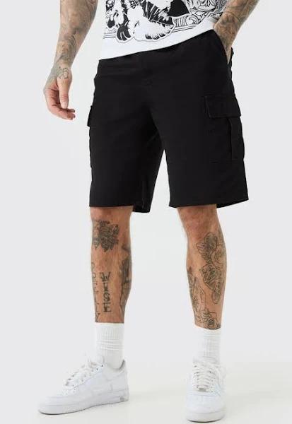 Mens Tall Elastic Waist Relaxed Fit Cargo Shorts in Black