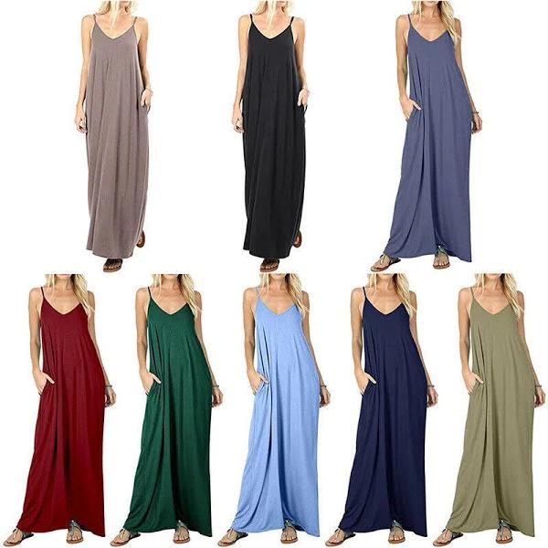 Women V Neck Sundress Dress Maxi Tank With Pocket Dress Beach Soft