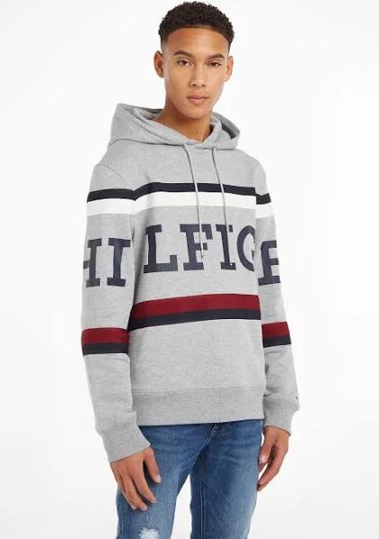 GLOBAL Stripe Hilfiger Monotype Logo Hoodie Grey SM at Tommy Hilfiger