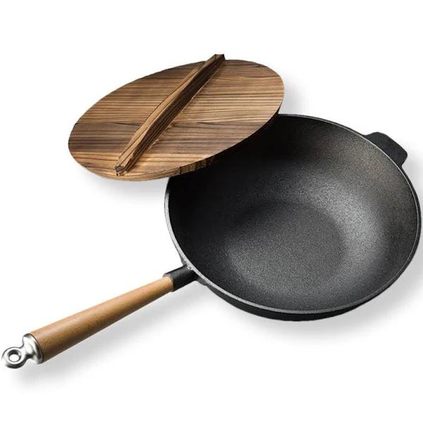 SOGA 31cm Commercial Cast Iron Wok Frypan Fry Pan With Wooden Lid