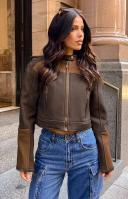 Lioness Nueve Colorblock Faux Leather Biker Jacket Chocolate