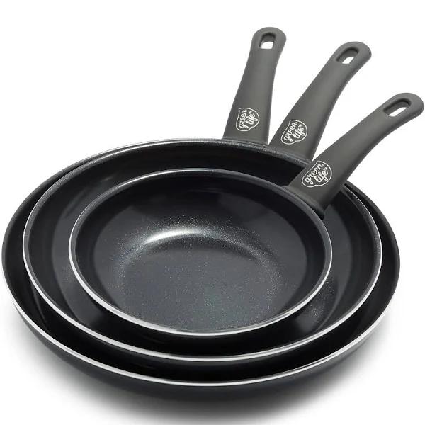 Greenlife Soft Grip Healthy Ceramic Nonstick, 8" 10" and 12" Frying Pan Skillet Set, PFAS-Free, Dishwasher Safe, Black