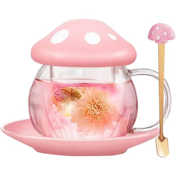 Tea Mug Milk Glass Coffee Cup With Strainer Filter Infuser For Loose Leaf Tea Mushroom Design Cute and Heat Resistant (290ML 9.6oz) (Pink)