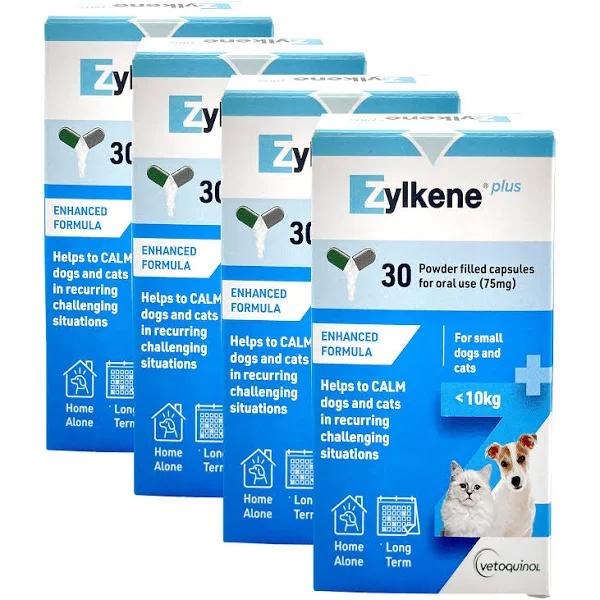 Zylkene Plus Enhanced Formula Calming Nutritional Supplement for Small Dogs & Cats Under 10kg 75mg x 120 Capsules