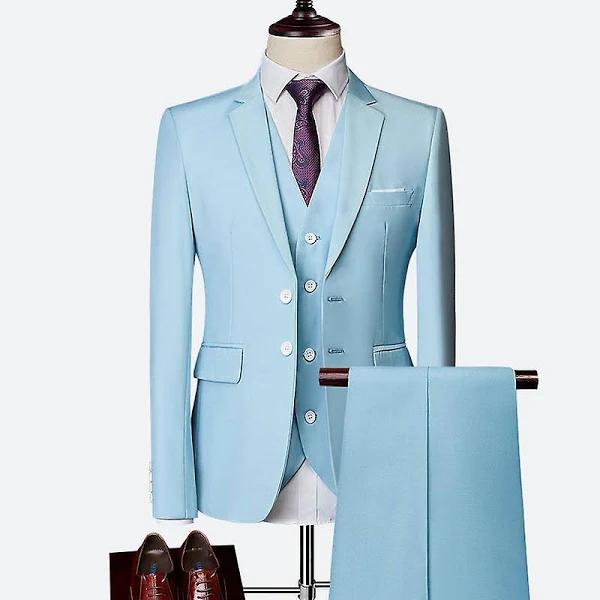 Yi RAN Mens 3 Piece Suit Blazer, Slim Fit Tux With One Button, Jacket Vest Pants Sky Blue L