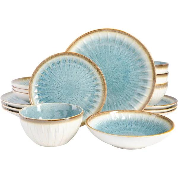 Gibson Elite Mayfair Bay Embossed Double Bowl Dinnerware Set, Service For 4 (16pcs), Blue