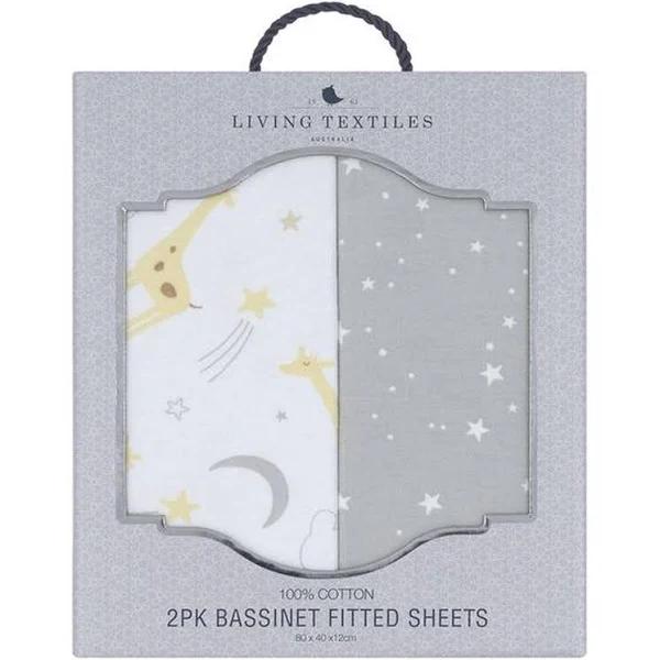 Living Textiles Jersey Bassinet Fitted Sheet, 2 Pack (Noah/Grey Stars)