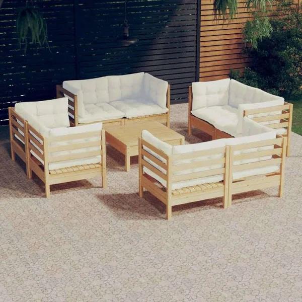 vidaXL 9 Piece Garden Lounge Set with Cream Cushions Pinewood