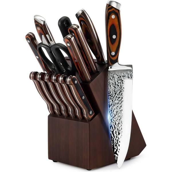 15pc Kitchen Stainless Steel Knife Block Set Embossed Chef Blade Cutlery Brown - AfterPay & zipPay Available