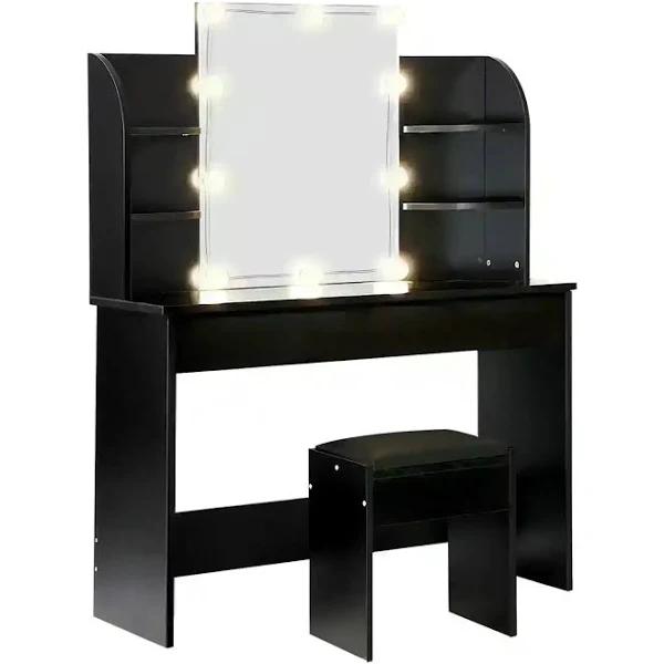 Oikiture Dressing Table Stool Set Makeup Mirror Storage Drawer 10led Bulbs Black