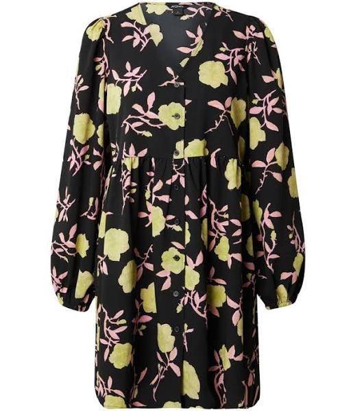 Monki Button Through Mini Dress with Puff Sleeves in Black Rose Print