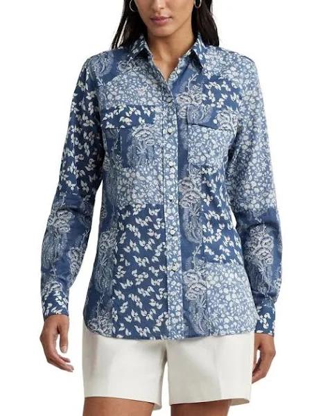 Lauren Ralph Lauren Classic Fit Patchwork Floral Voile Shirt Blue M