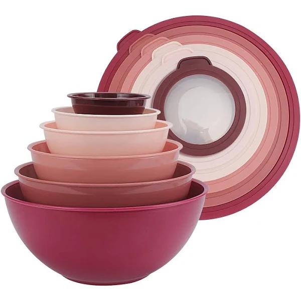 Cook with Color Mixing Bowls with TPR Lids - 12 Piece Plastic Nesting Bowls Set Includes 6 Prep Bowls and 6 Lids, Microwave Safe (Rose)