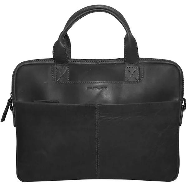 Futura Mens Slimline Leather Laptop Bag School Work Satchel Shoulder Strap - Black