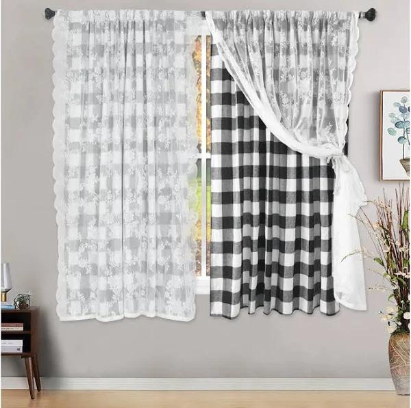 Buffalo Check Plaid Window Curtain Panels with Lace Panel - Earn Everyday Rewards, AfterPay Available