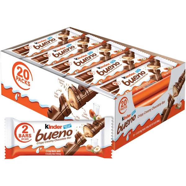 Kinder Bueno Milk Chocolate and Hazelnut Cream, Bulk 20 Pack, 2 Individually Wrapped Chocolate Bars per Pack, 30 oz