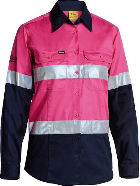 Bisley Ladies Hi Vis Lightweight Taped Drill Shirt BL6896 (Pink/Navy, 18)