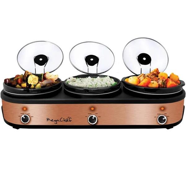 Megachef Triple 2.5 Quart Slow Cooker and Buffet Server in Brushed Copper and Black Finish with 3 Ceramic Cooking Pots and Removable Lid Rests