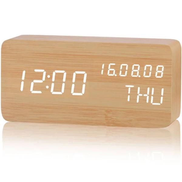 F12 Rectangular Perpetual Calendar Wooden Clock Led Electronic Sound-controlled Wooden Clock Wake Up Alarm Clock Decorative Clock