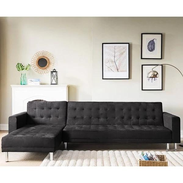 Sarantino Faux Velvet Corner Sofa Bed Couch With Chaise - Black