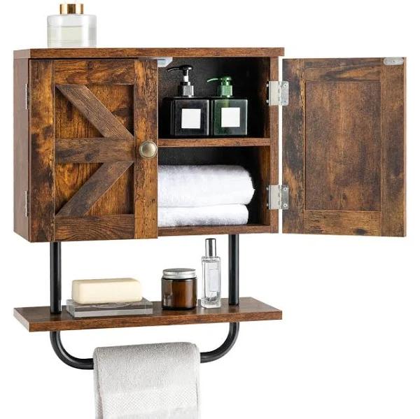 Giantex Bathroom Wall Cabinet Wall-mounted Medicine Cabinet w/ 2 Doors & Open Shelf Storage Cabinet Brown