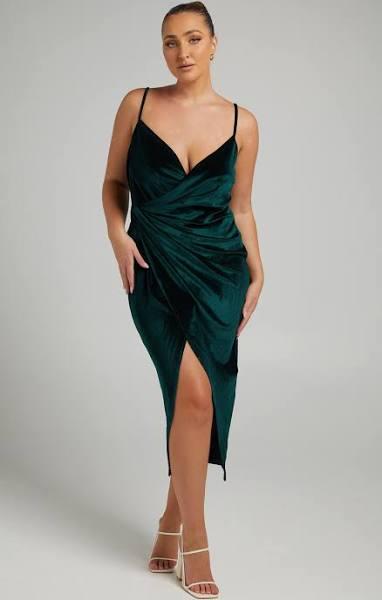 Loving Blind Midi Dress - Draped Thigh Split Dress in Emerald Velvet | Wedding Guest Dresses