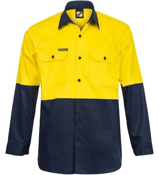 Workcraft Hi-Vis Long Sleeve Cotton Drill Shirt - Yellow/Navy XS