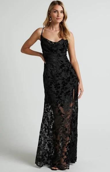 Aletta Maxi Dress - Cowl Cross Back Dress in Ebony Burn Out Floral