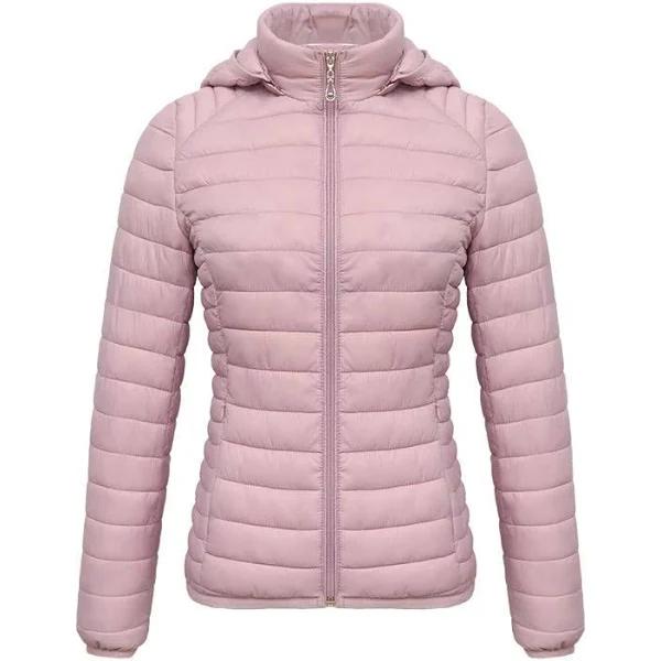 Anychic Womens Padded Puffer Jacket 5XL Pink Solid Lightweight Warm Outdoor Parka Clothing With Detachable Hood