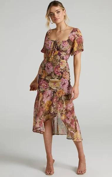 Jasalina Puff Sleeve Midi Dress in Classic Floral - Showpo A Line Dresses - 6 (XS)