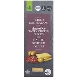 Woolworths Sliced Mild Salami With Tasty Cheese, Garlic Stuffed Olives 60g